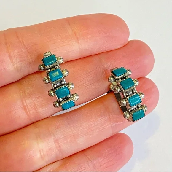 Vintage Sterling Silver Turquoise Screw Back Earrings Hoop Southwestern Native - Picture 1 of 13